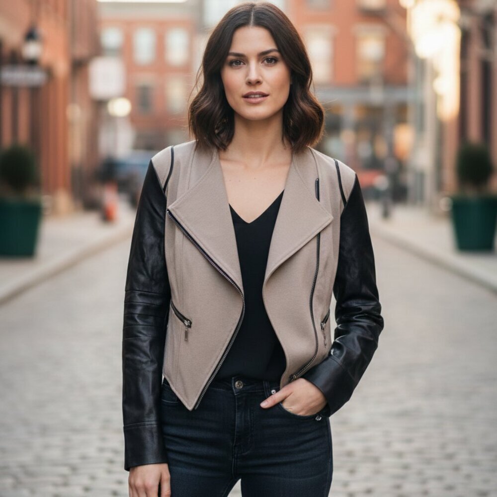 254. XOXO Women’s Leather Jacket | Tan & Black Colorblock | Zip Front